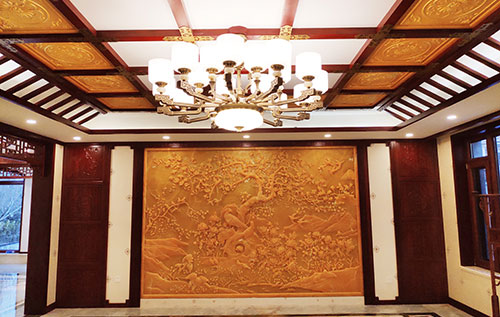 惠济中式别墅客厅中式木作横梁吊顶装饰展示