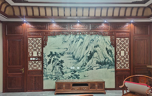 惠济中式仿古别墅客厅背景墙花格木作装饰
